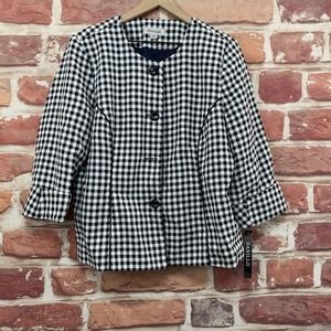 Danillo Blazer Women's Size 16 Navy Blue White Gingham Plaid Long Sleeve Jacket